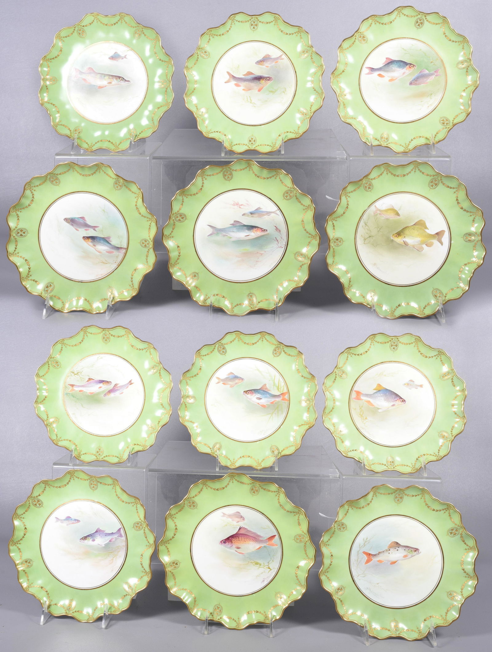 (12) Doulton Burslem Hand Painted Fish Plates (1 of 16)