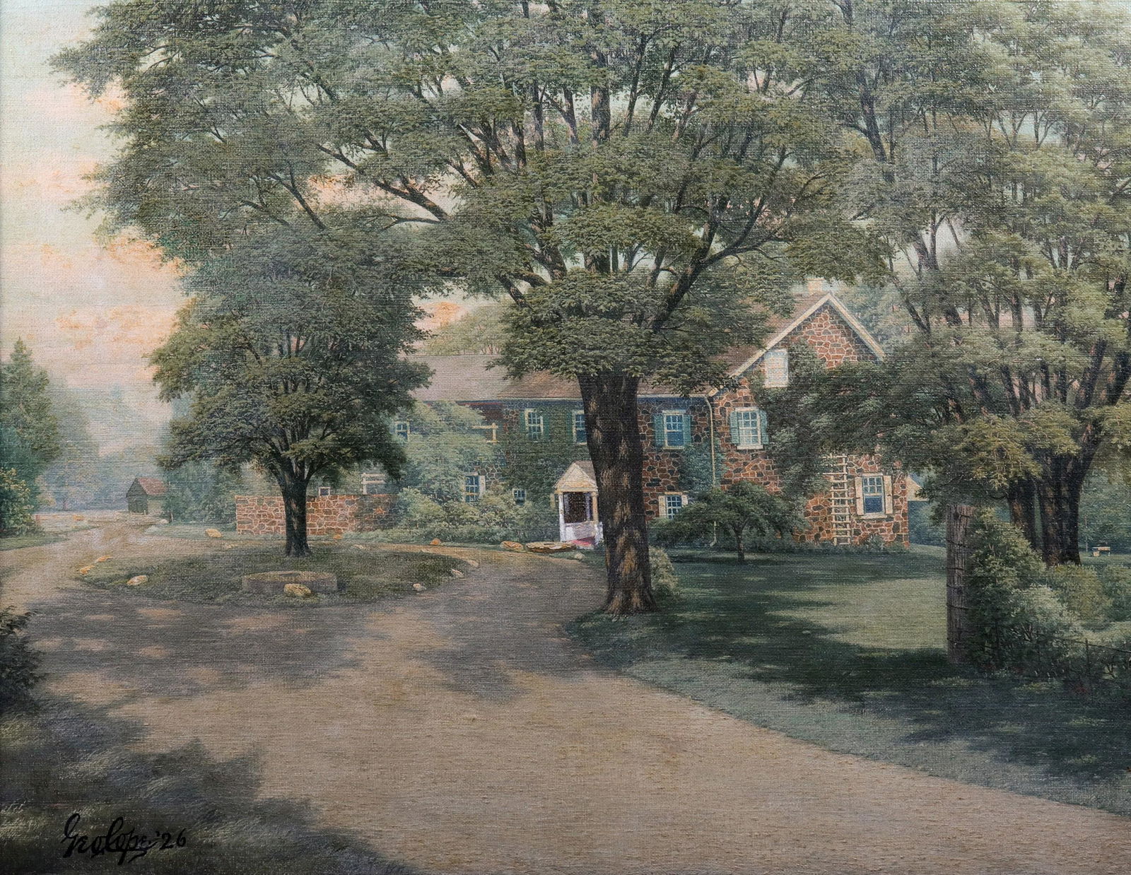 George Cope Brandywine Landscape w/House: George Cope (American, 1855-1929) Brandywine landscape w/house, oil on canvas, signed "Geo Cope '26", 14-1/4" x 18-1/4", framed 16-3/4" x 20-3/4", good condition, restored and relined, provenance: The