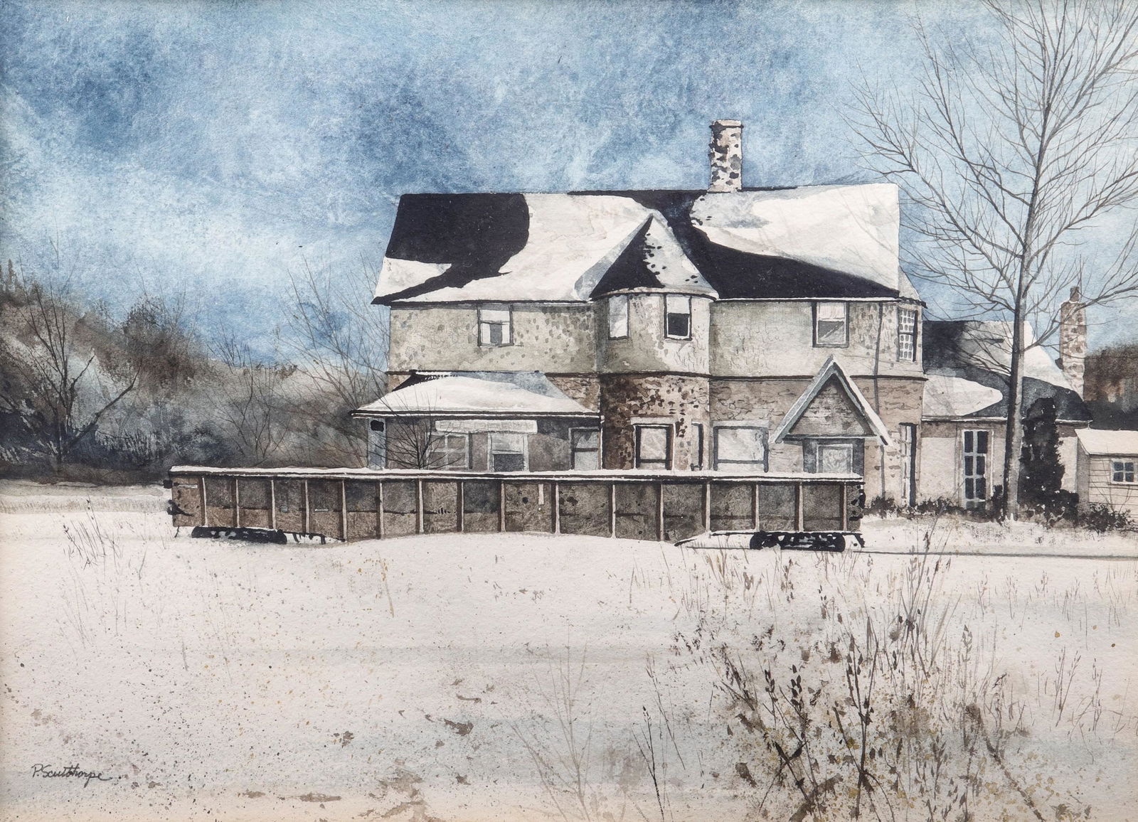 Peter Sculthorpe Watercolor "Pocopson Station": Peter Sculthorpe (American, b 1948) PA artist, watercolor "Pocopson Station", watercolor on paper, signed "P. Sculthorpe, 10-1/4" x 14-1/4" sight, framed 17-1/2" x 21-1/2", very good condition