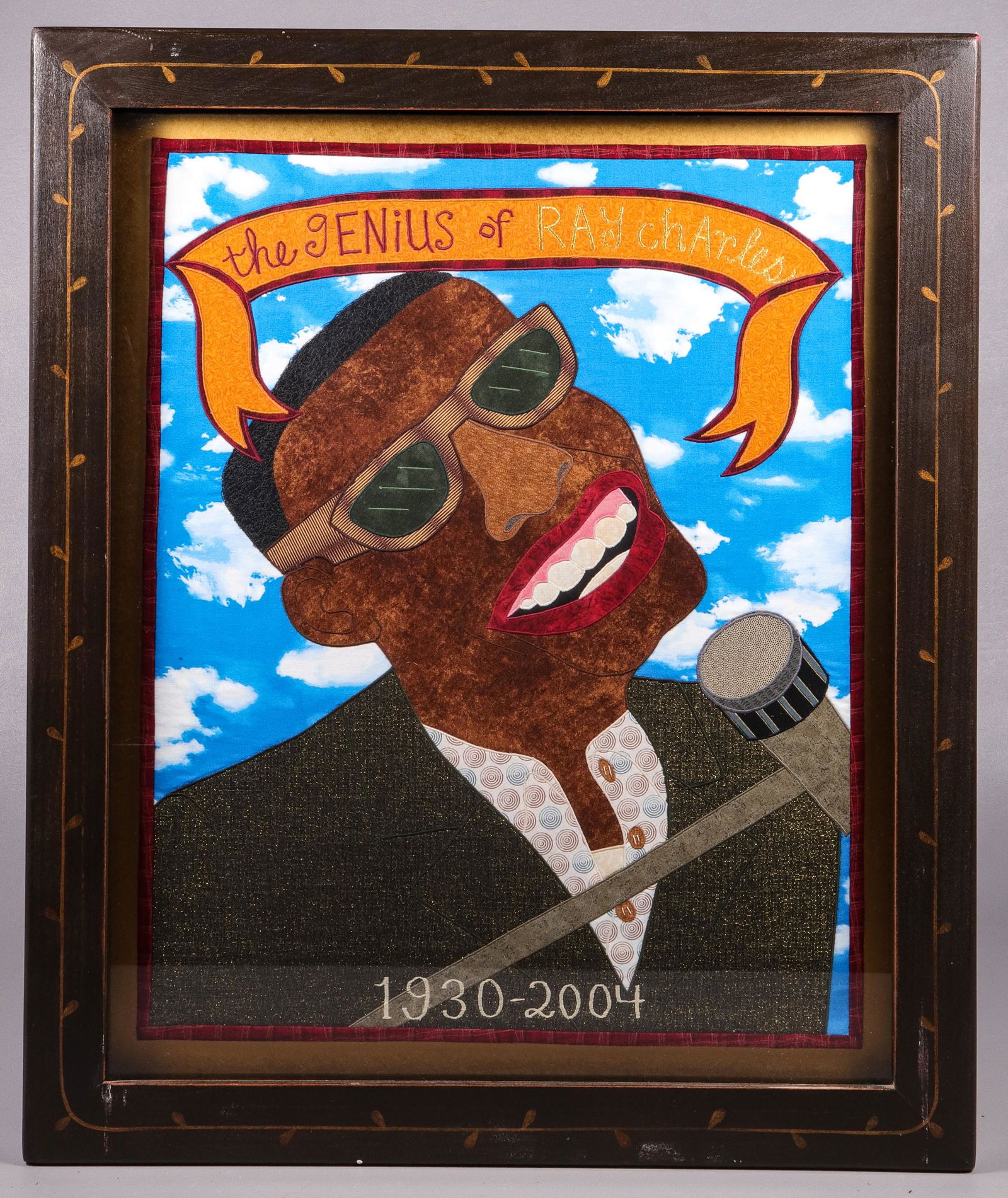 Chris Roberts-Antieau "Ray Charles": Chris Roberts-Antieau, 21st C American, "Ray Charles", appliqued and embroidered fabric, mounted in custom artist made frame, size of artwork, 20-1/2" x 16-1/2", framed 25-1/4" x 21-1/4", excellent co