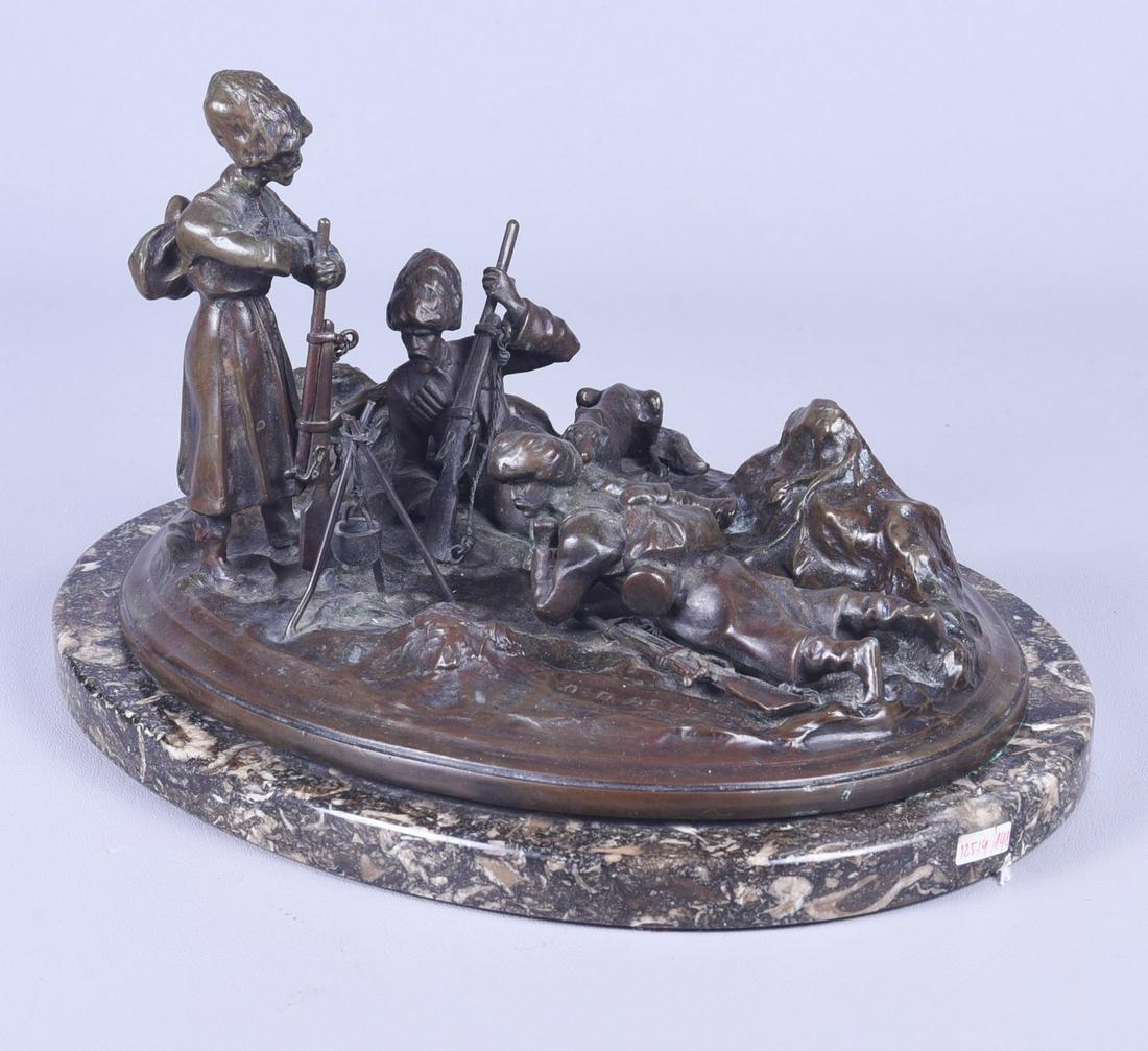 After Alexei Gratcheff Bronze "Cossack Camp": After Alexei Gratcheff (Grachev ) (Russian, 1780-1850), cast bronze sculpture on marble base, signed in Cyrillic, 9-1/2" x 12-1/4" x 7" h, very good condition