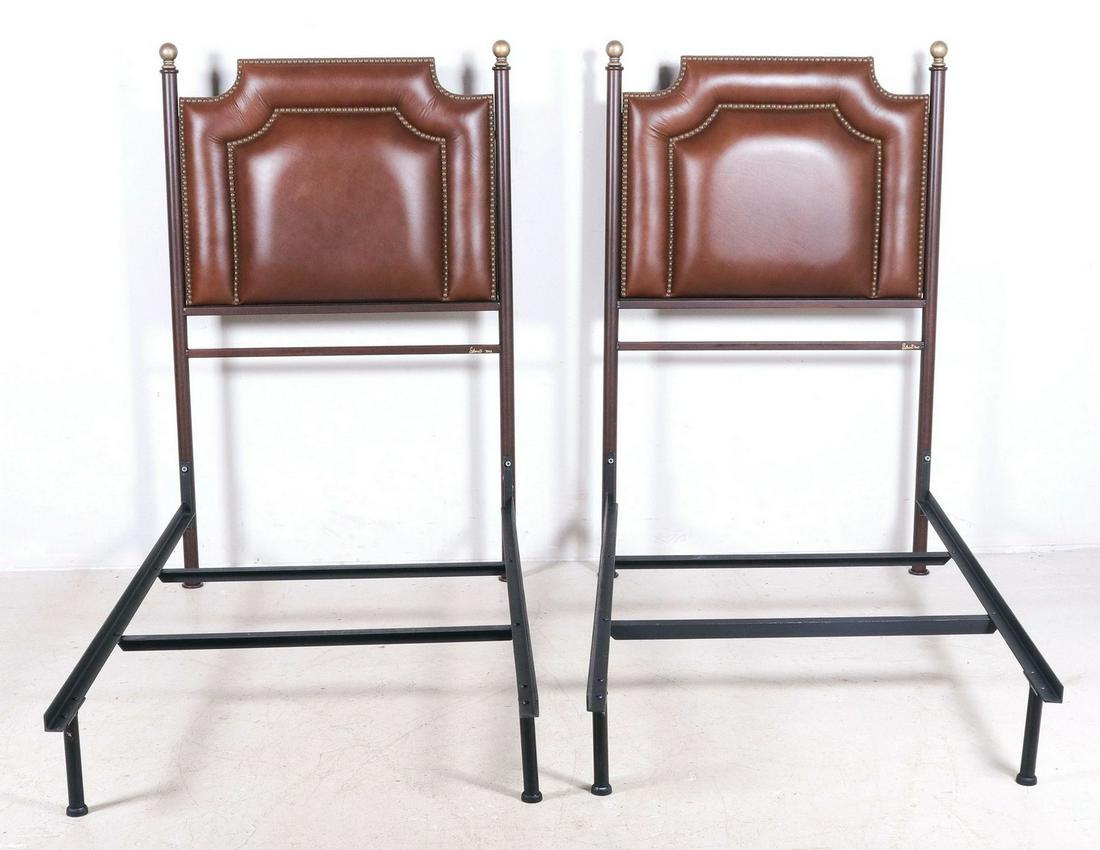 Pr Leather & Metal Twin Beds by Old Biscayne Designs: Pr Leather & Metal Twin Beds by Old Biscayne Designs, 64" h, 40" w, exc condition