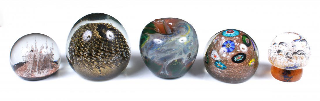 (5) Art Glass Paperweights: (5) Art glass paperweights to include Murano gold fleck and millefiori weight, original sticker at underside, 3-1/4" dia, Kosta Boda Goran Warff mushroom form weight, signed at underside, 3" H, art gl