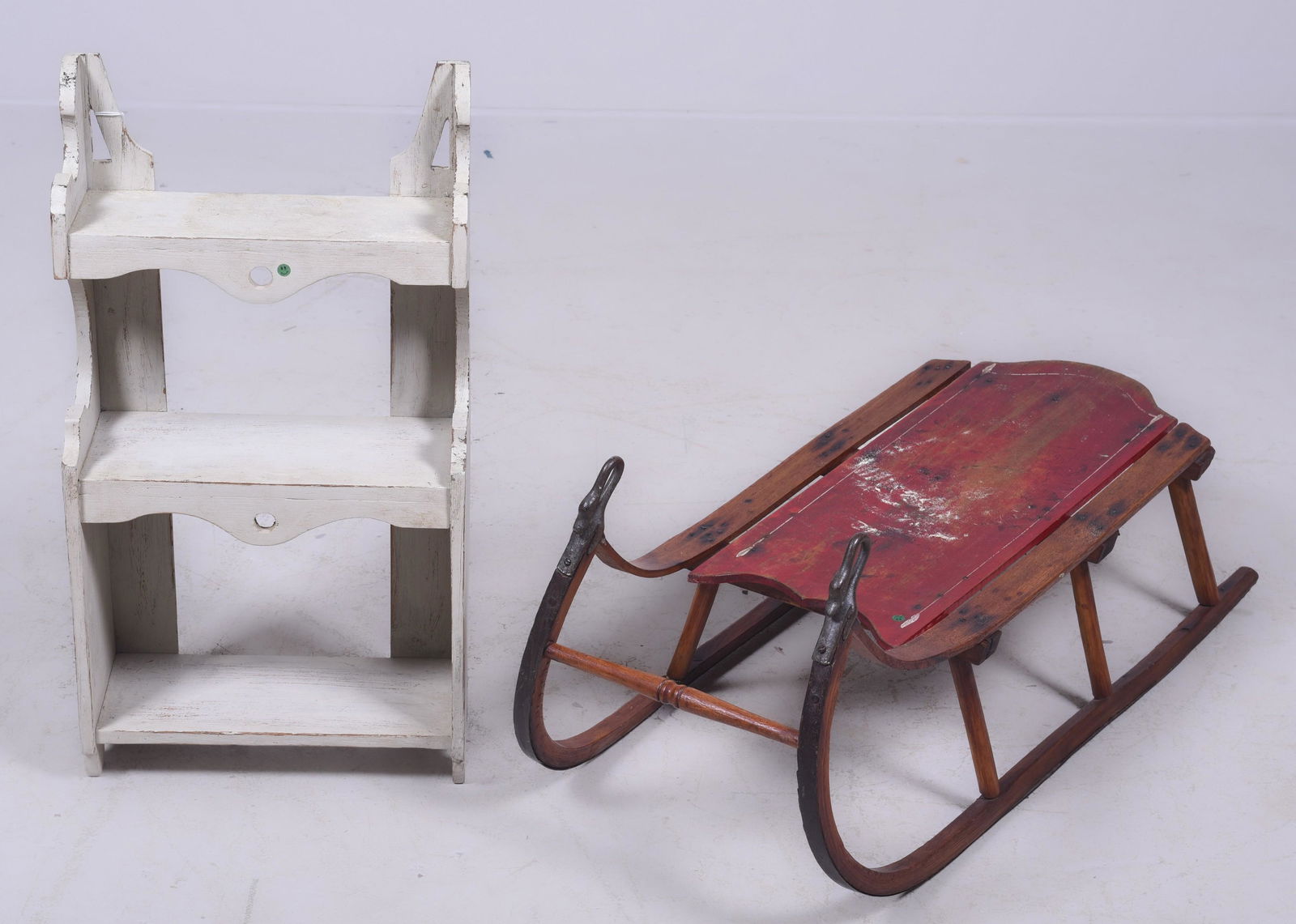 Red painted pine child's sled, white painted hanging (1 of 1)