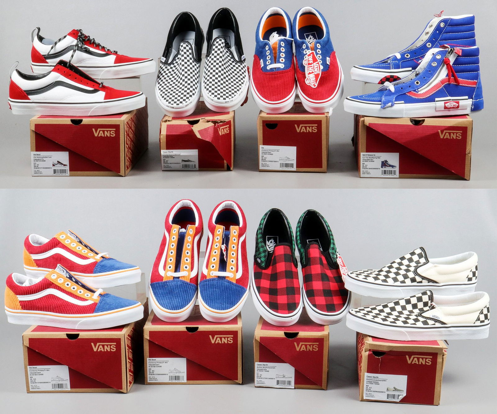 (8) prs Vans sneakers/slip ons size 8.0: (8) prs Vans sneakers/slip ons size 8.0, c/o (3) Old Skool, Era, (3) Classic Slip ons, Sk8-Hi Reissue