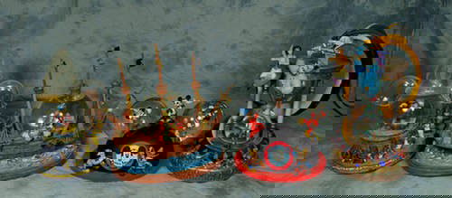 (4) Disney Snow Globes, Mickey Mouse Club, Sorcerer: (4) Disney Snow Globes, Mickey Mouse Club, Sorcerer, lacking water, Aladdin, Peter Pan, some damage, tallest 11 1/2"