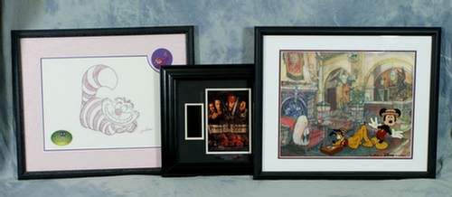 Disney Cell with painted background, 2004 Checking : Disney Cell with painted background, 2004 Checking in, with a "Villains Cheshire Cat", Villains drawing, Pirates of the Caribbean framed film cell , largest 10" x 12"