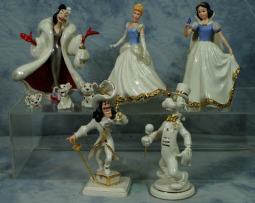 (5) Lenox Disney porcelain , Cruella Deville with : (5) Lenox Disney porcelain , Cruella Deville with 3 Dalmatian pups, Where's Pan 2002 LE 491/500, 50th Anniversary, Cinderella LE 1754/2500, Goofy's Grand Evening, Disney show case, Snow White, tallest
