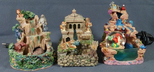 3 Disney theme resin fountains, Animal Kingdom, Ju: 3 Disney theme resin fountains, Animal Kingdom, Jungle Book, Little Mermaid, 9" tall, 2 electric, 1 battery operated