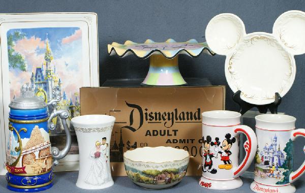 (10) Disney related items including 3 rectangular : (10) Disney related items including 3 rectangular trays, 3 steins, vase, cake stand, divided dish & Lenox bowl