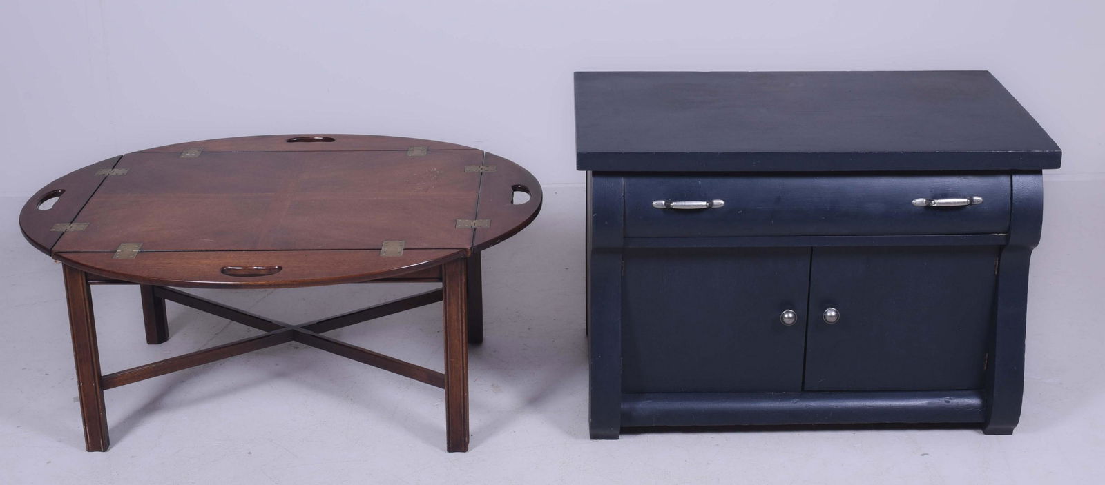 Chippendale style coffee table, ebonized side table: Chippendale style walnut butler's coffee table, along with ebonized side table with single drawer over two doors, largest 23"h x 34"w x 20"d