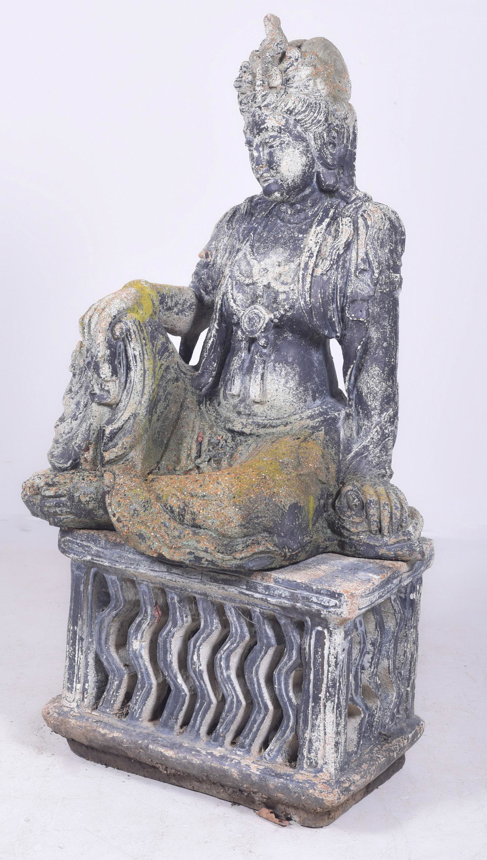 Cement black painted garden statue of Deity: Cement black painted garden statue of Deity, Deity sitting on bench, worn black paint, 47"h x 22"w x 15"d