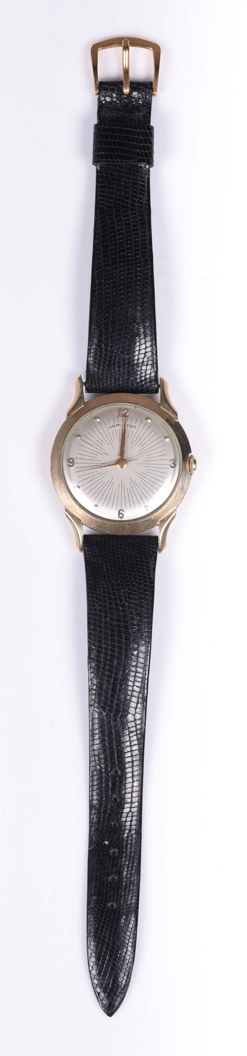 Vintage Men's Hamilton: Vintage Mens Hamilton Wrist Watch, gold filled accents, black leather band. 34.8mm diam, w/crown, 16mm band. Not running for repair or restoration.