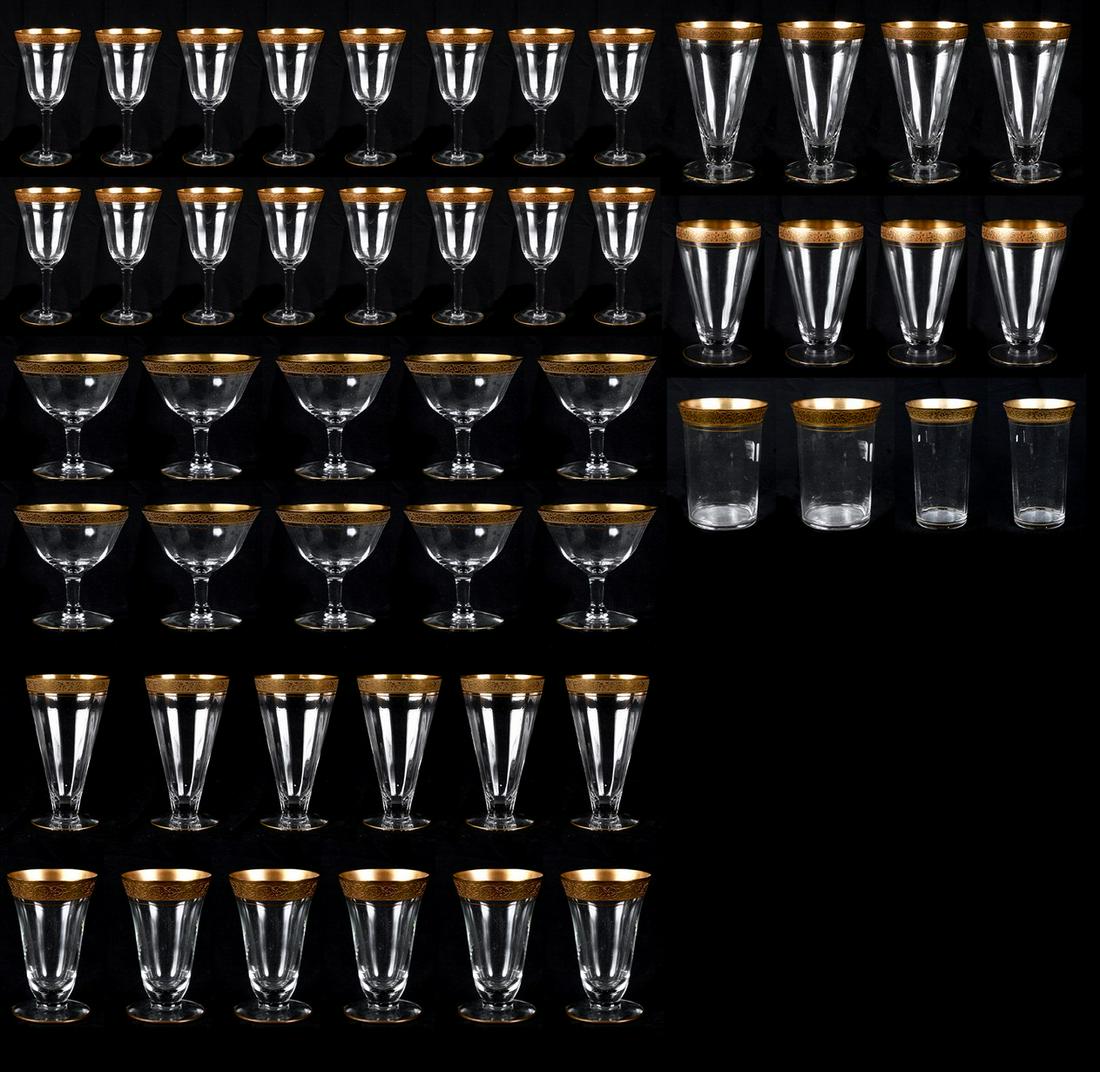 (50) Pcs Tiffin Rambler Rose Glassware: (50) Pcs Tiffin gold rimmed glassware, Rambler Rose clear Pattern, c/o (8) 6-3/4" water goblets, (8) 6-3/8" wine glasses, (4) 6" parfait, (5) 5-3/4" parfait, (4) 5-1/2" parfait, (10) 3-3/4" low sherbe
