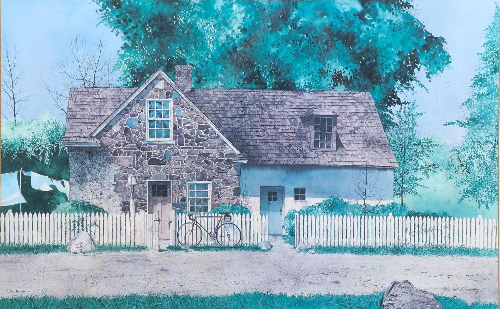 Peter Sculthorpe Lithograph House with Bike: Peter Sculthorpe (American, b 1948) lithograph House with Bike, offset lithograph on paper, pencil signed "P. Sculthorpe", 17-1/4" x 27-1/4" sight, framed 27" x 37", good condition, marks on frame