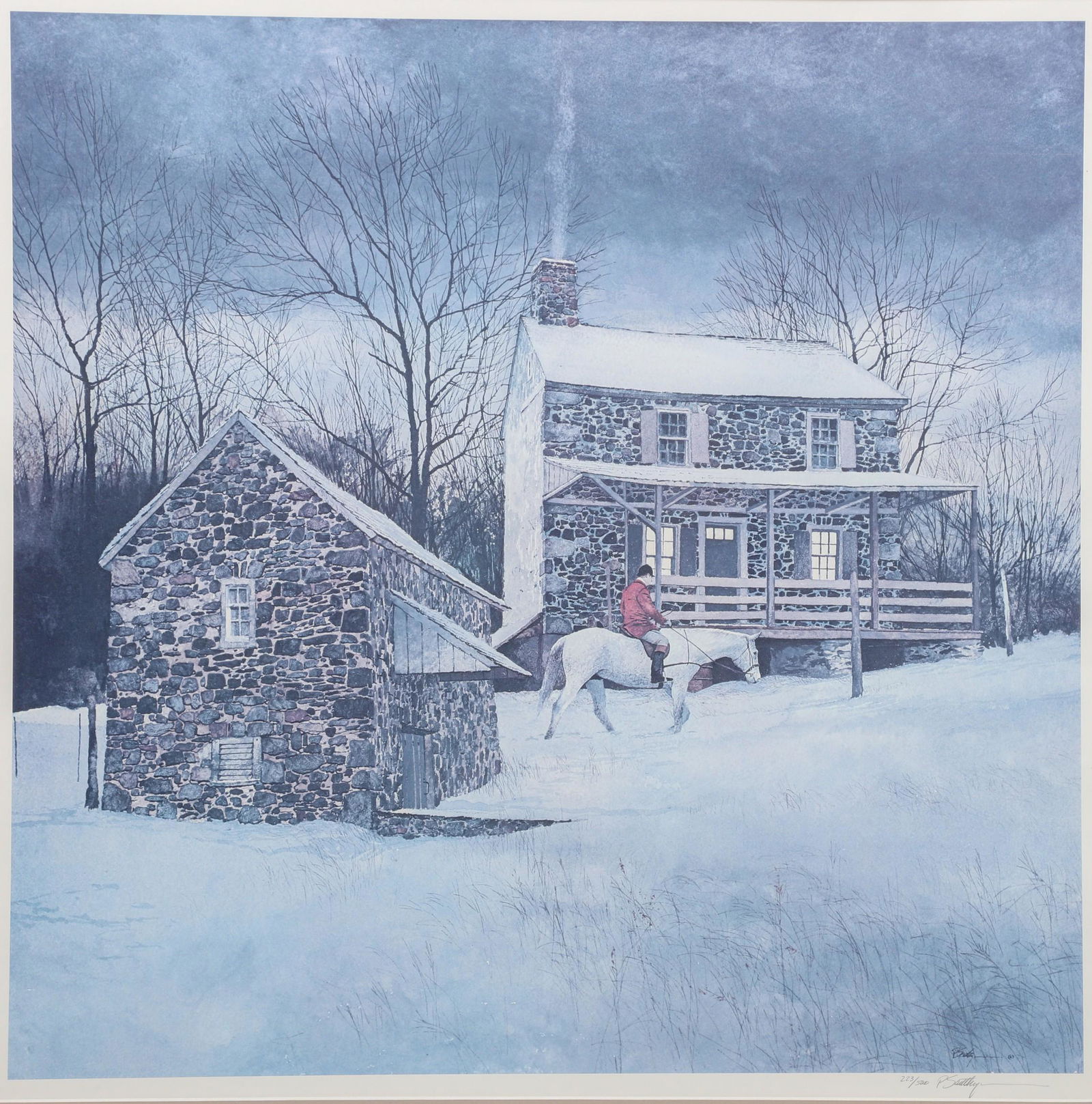 Peter Sculthorpe Lithograph "Hacking Horse": Peter Sculthorpe (American, b 1948) lithograph "Hacking Home", offset lithograph on paper, pencil signed "P. Sculthorpe", 21-1/2" x 21-3/4" image, framed 31" x 31-1/4", good condition