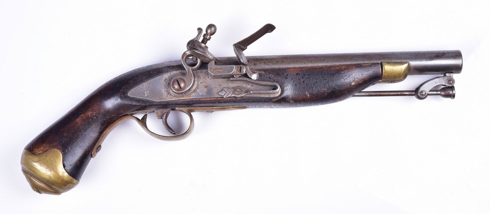 Replica Tower Flintlock Pistol: Replica Tower Flintlock Pistol, 8 1/4" barrel, lock plate stamped Tower with crown stamp, brass furniture