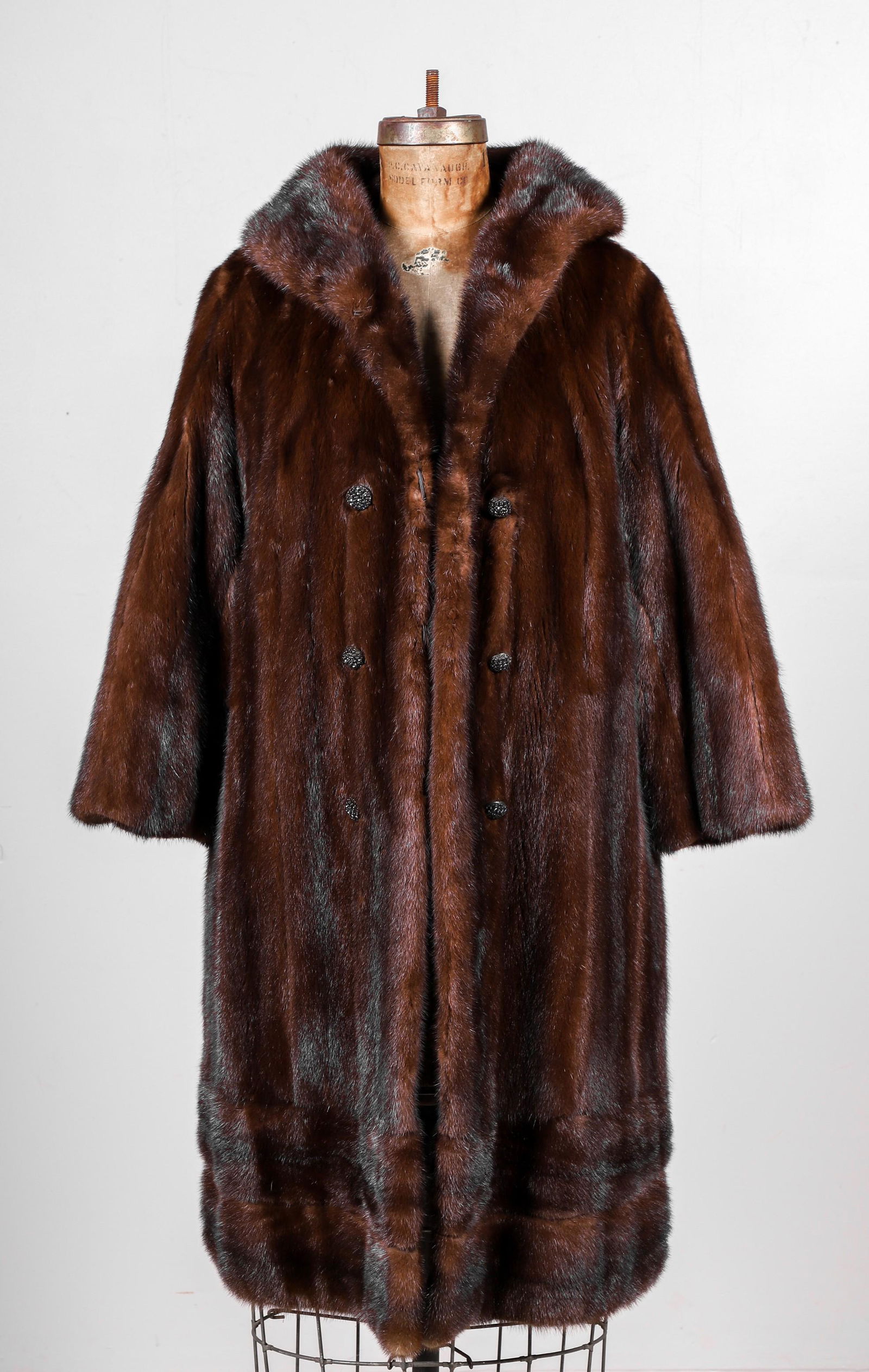 Katherine Menan Philadelphia Double Breasted Mink: Katherine Menan Philadelphia double breasted mink, rhinestone studded bauble buttons at front, shawl collar and cropped flared sleeves, satin lined, slash pockets, 32" shoulders, 36" bust, 39" shoulde