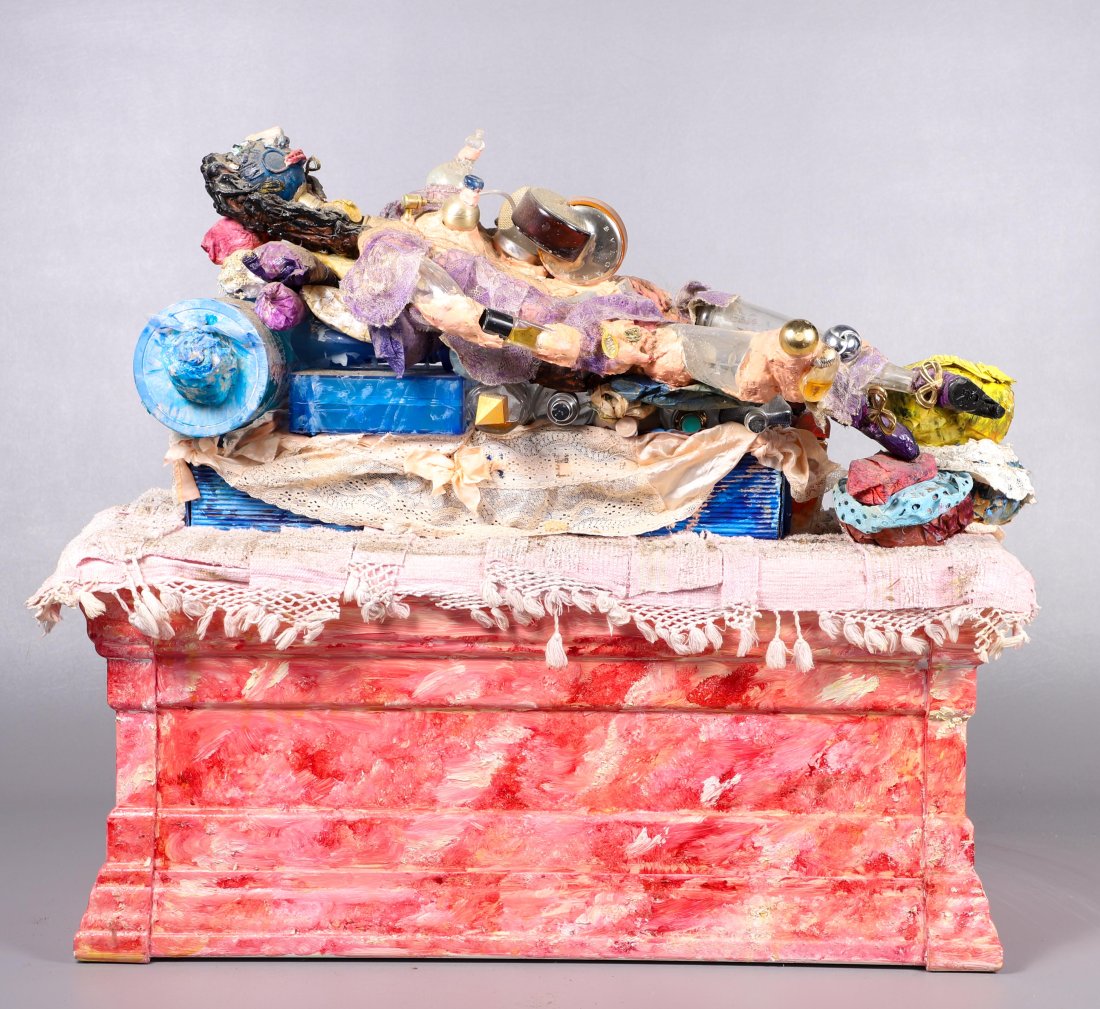 Lynne Gulezian Found Object Sculpture: Lynne Gulezian (American 1949-2021) Philadelphia, PA artist, found object sculpture depicting a reclining nude, found objects, resin and paint on metal base, 22" x 25" x 12", good condition, some loos