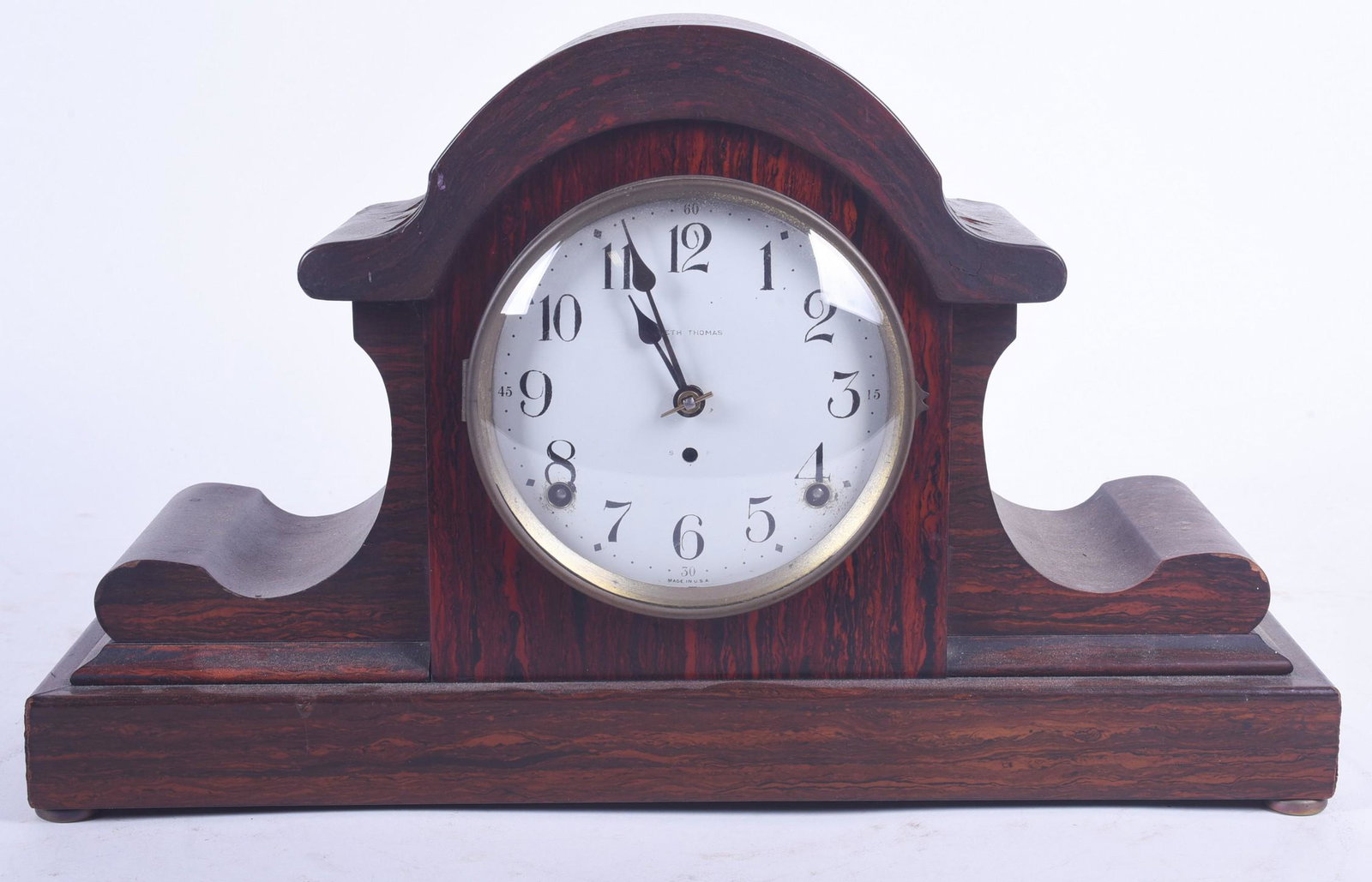 Seth Thomas "Saxo" Adamantine Tambour Clock: Seth Thomas "Saxo" Adamantine Tambour Clock, 10" x 16", c 1917, runs when wound, some finish flaking on top,