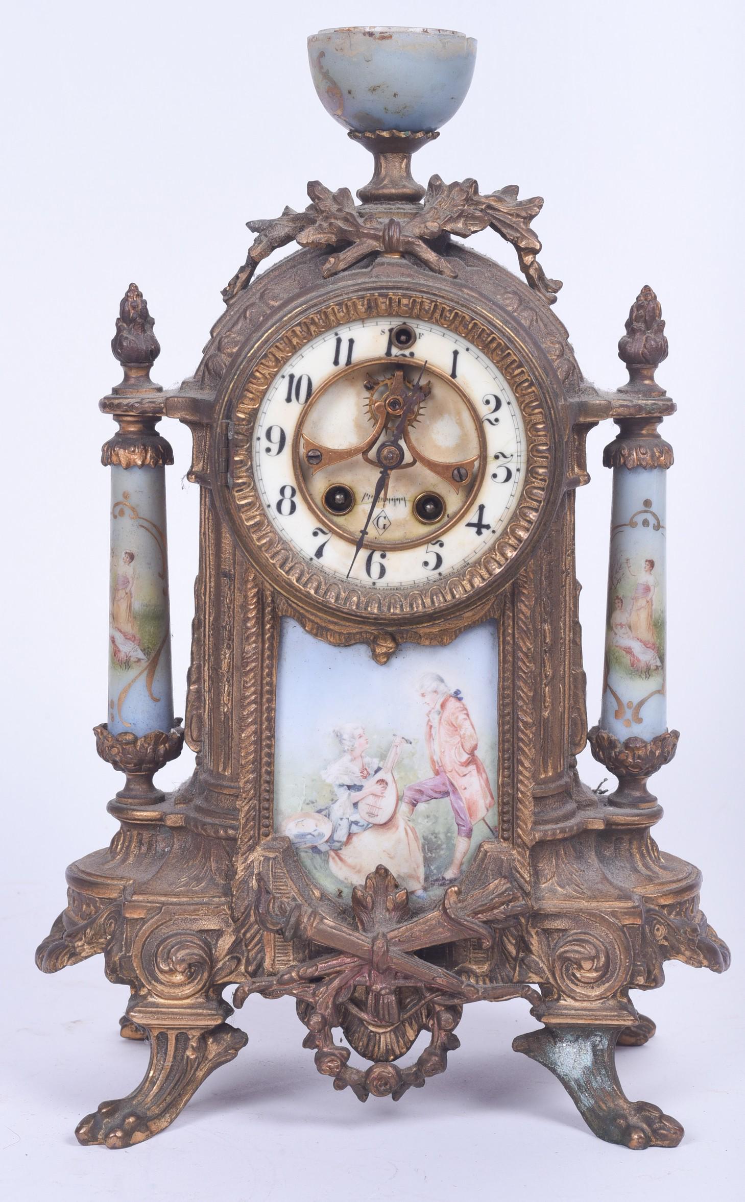 Patinated white metal French mantel clock (1 of 5)