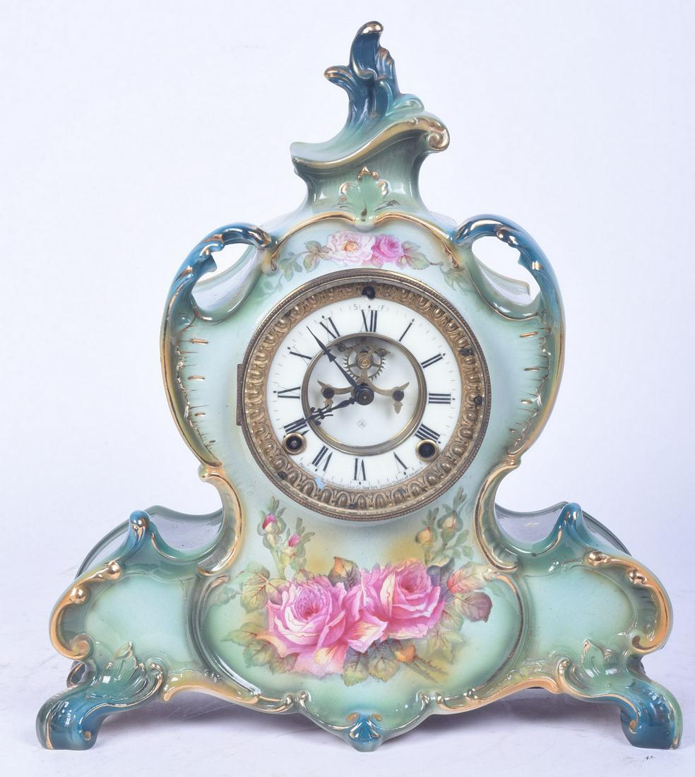 Ansonia Royal Bonn porcelain open esc "La Vende": Ansonia Royal Bonn porcelain open escapement "La Vende", 13" h x 14-1/2", k&p, runs when wound, no warranty implied or given