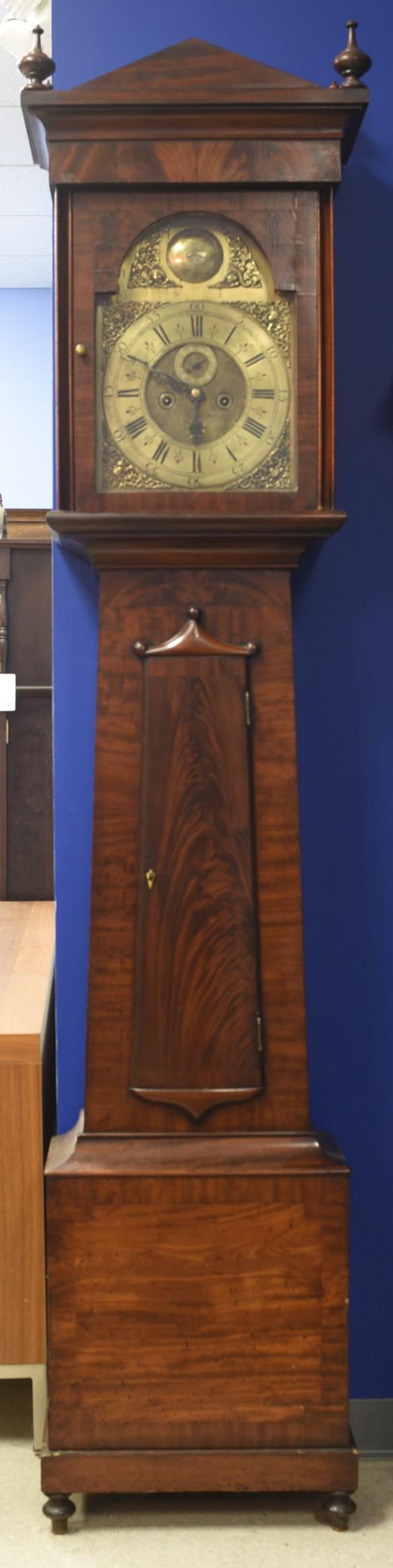 John Taylor Carlton hall clock: John Taylor Carlton hall clock, 18th C brass dial in mid-19th C mahogany Regency style case, with weights & pendulum, 88" x 18-1/2", runs when wound, no warranty implied or given