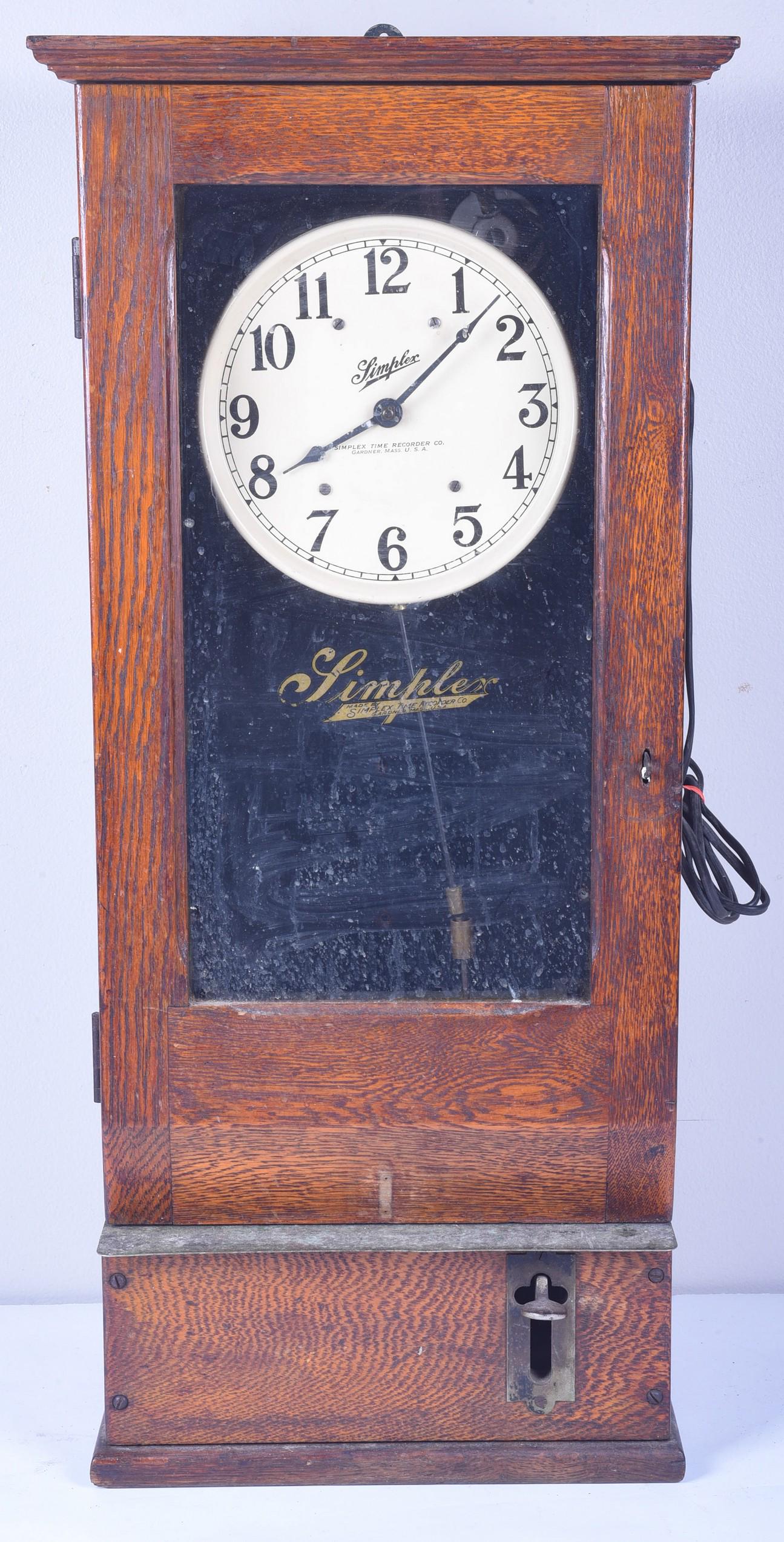 Oak Simplex Time Recorder Co slave clock: Oak Simplex Time Recorder Co slave clock, 31" h x 12-1/2" w, runs when wound, no warranty implied or given
