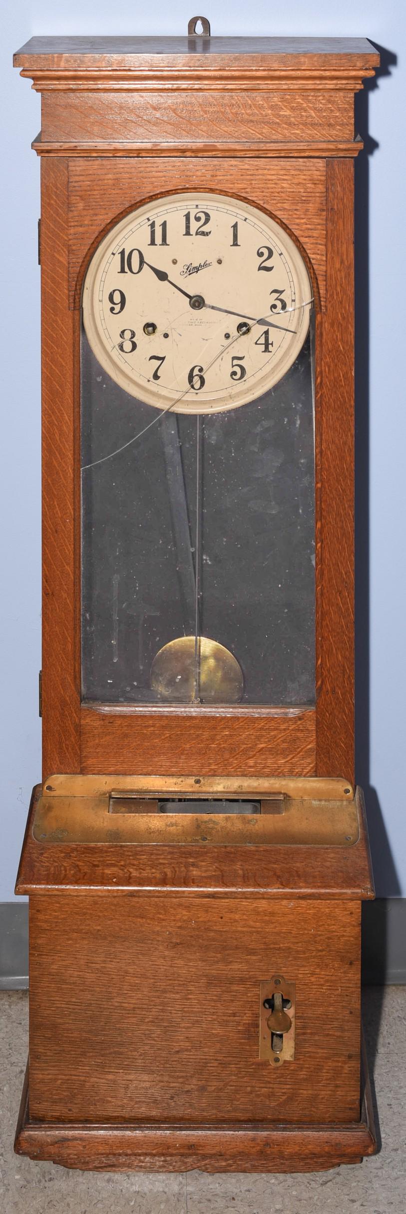 Simplex time recorder clock, Gardner MA: Simplex time recorder clock, Gardner MA, with lower movement, key included, 48" x 15", broken glass, runs when wound, no warranty implied or given