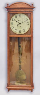 Seth Thomas Ball Watch Co B&O RR advertising clock: Seth Thomas Ball Watch Co B&O Railroad oak advertising clock, No 20, instructions inside, 63" x 20", weights and pendulum included, runs when wound, no warranty implied or given, Wear to paint and