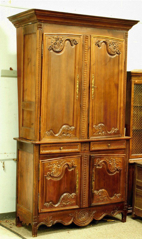 2 part carved pine French Provincial armoire, 18th: 2 part carved pine French Provincial armoire, 18th c, back modified to allow a TV set