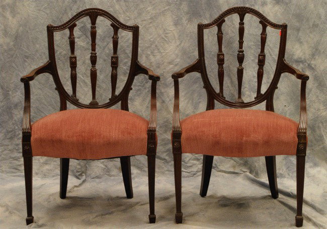 Pr of carved mahogany Hepplewhite style armchairs,: Pr of carved mahogany Hepplewhite style armchairs, 37"h