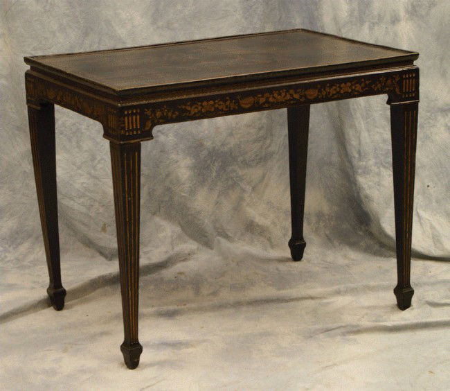 Lacquer and gilt decorated Georgian tea table with: Lacquer and gilt decorated Georgian tea table with reeded legs, 36 x 22 top dimension, 28 1/2"h