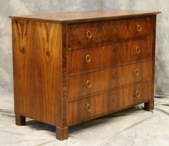Four drawer burled walnut Beidermeier bureau, orig: Four drawer burled walnut Beidermeier bureau, original brass ring pulls, 49"w x 37 1/2"h x 24"d