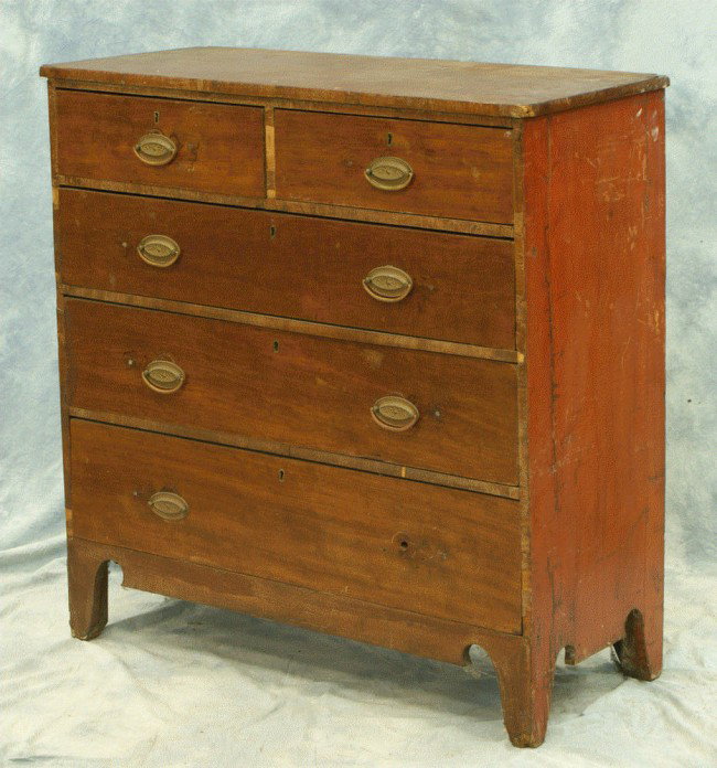 Soft wood Georgian 2 over 3 bureau, old red painte: Soft wood Georgian 2 over 3 bureau, old red painted surface, 42"h x 17 1/2"d x 40 1/4"w
