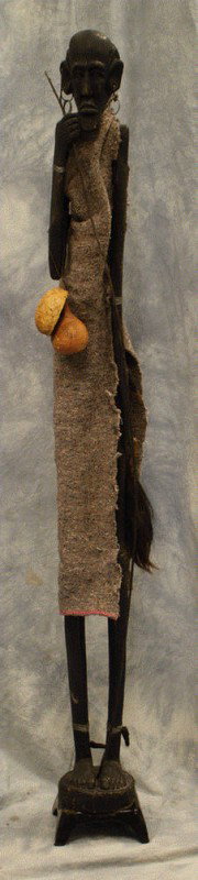 Carved and painted wooden African figure, gourd bo: Carved and painted wooden African figure, gourd bottle and bowl, 81"h