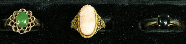 (3) YG rings, each with stones, all test with acid : (3) YG rings, each with stones, all test with acid @14K, 10K guaranteed, 4.7 dwt