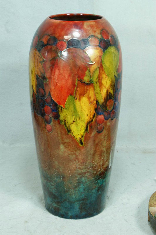 Moorcroft pottery flambe grape pattern vase, 18" t: Moorcroft pottery flambe grape pattern vase, 18" tall