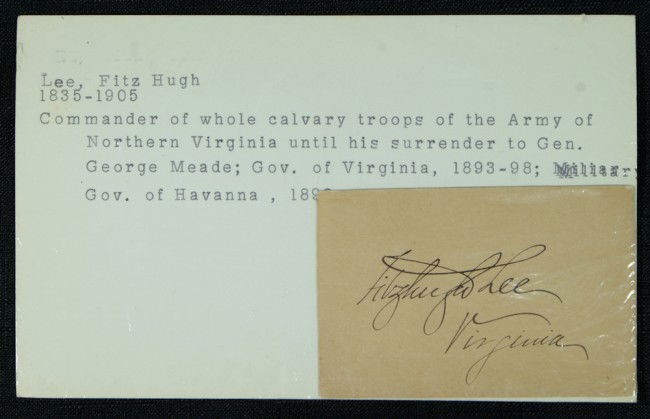 Fitz Hugh Lee autograph. Undated on 3 1/4" x 2 1/4: Fitz Hugh Lee autograph. Undated on 3 1/4" x 2 1/4" card. "Virginia" below.