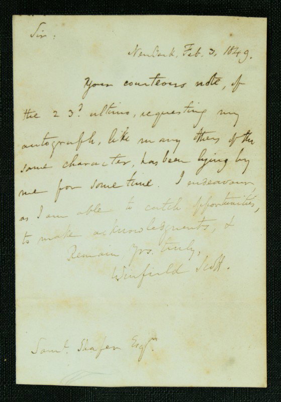 Winfeld Scott handwritten signed note. 2/3/1849 on: Winfeld Scott handwritten signed note. 2/3/1849 on a 5 1/4" x 3 1/2" replying to a request for his autograph. Nice clear signature.
