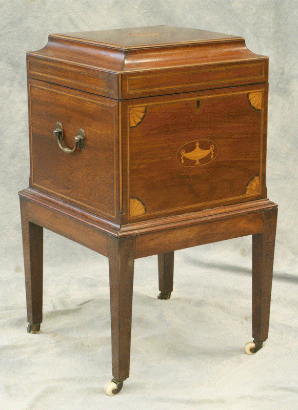 Inlaid mahogany Georgian Hepplewhite cellarette,: Inlaid mahogany Georgian Hepplewhite cellarette, lid with sunburst inlay, front with 1/4 fan and urn inlay, interior fitted for 4 bottles, 14 3/4" square, 28" high