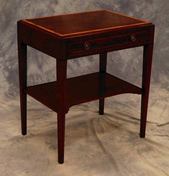 Bench made banded & string inlaid mahogany Hepplew: Bench made banded & string inlaid mahogany Hepplewhite style side table with a drawer and shelf below, unsigned, 23 2/1" w, 17 1/4" d, 27 1/2" h