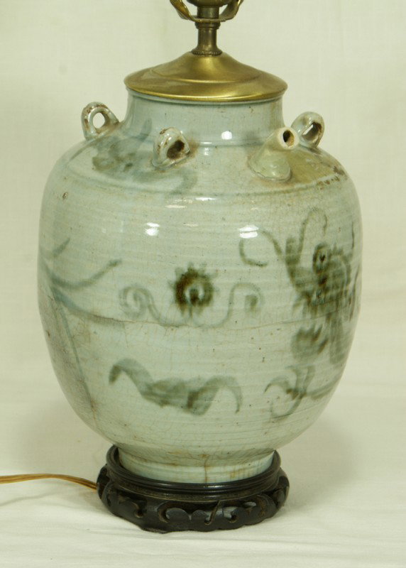 Southeat Asian pottery water vessel converted to a: Southeast Asian pottery water vessel converted to a lamp, 12" tall