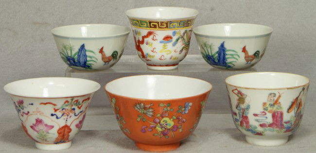 (8) Chinese porcelain tea cups & bowls, largest 8": (8) Chinese porcelain tea cups & bowls, largest 8" d