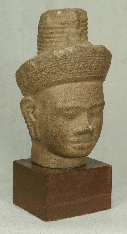 Carved stone Asian bust, wood plinth, 10" tasll: Carved stone Asian bust, wood plinth, 10" tasll