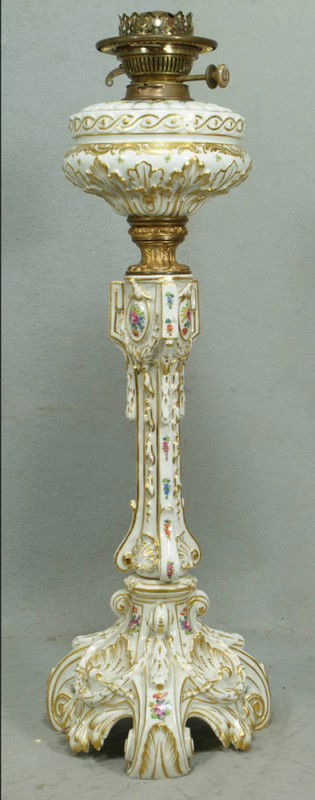 Floral and gilt decorated porcelain banquet lamp,: Floral and gilt decorated porcelain banquet lamp, blue crossed sword underglaze mark, E & C at top & bottom of mark, 27" tall