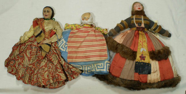 3 Russian tea cozy stockinette dolls, one Siberian: 3 Russian tea cozy stockinette dolls, one Siberian with mink trim, early-mid 20th c, tallest 17"