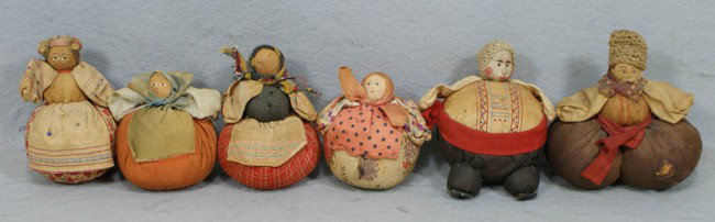 6 Russian stockinette pin cushion dolls, early-mid: 6 Russian stockinette pin cushion dolls, early-mid 20th c, tallest 4 1/2"