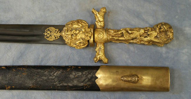 Shaff & Son, hunting sword, under guard mark with: Shaff & Son, hunting sword, under guard mark with hunting scene on handle, gold appointments, C. Alexander III, Clack Bulatt blade, approx. 24.25".