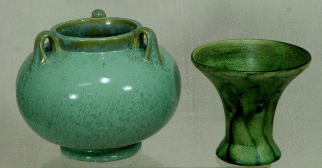 Fulper pottery turquoise 3 handle vase, shape 564: Fulper pottery turquoise 3 handle vase, shape 564, 8" d, with an unmarked matte finished drip glaze vase, 5" tall